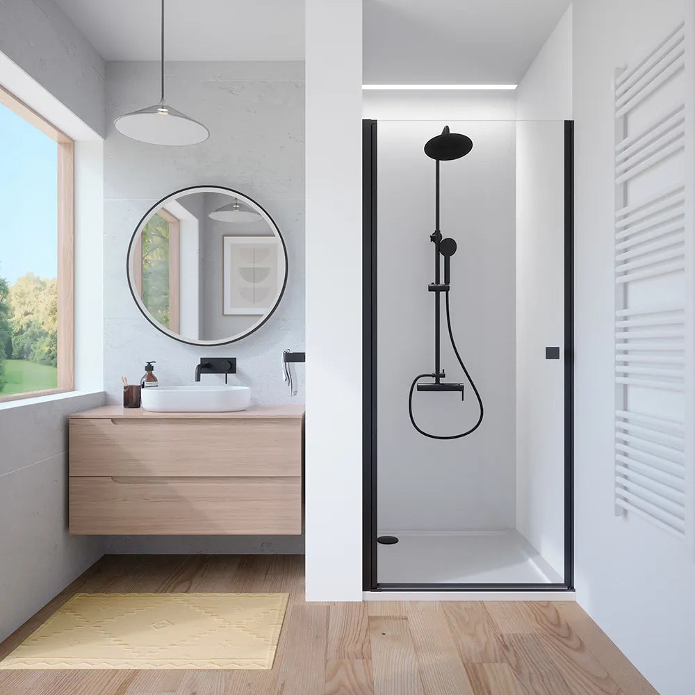 Porta doccia 90cm apertura a battente con profili nero opaco e vetro da 8mm trasparente h195 | Fiji