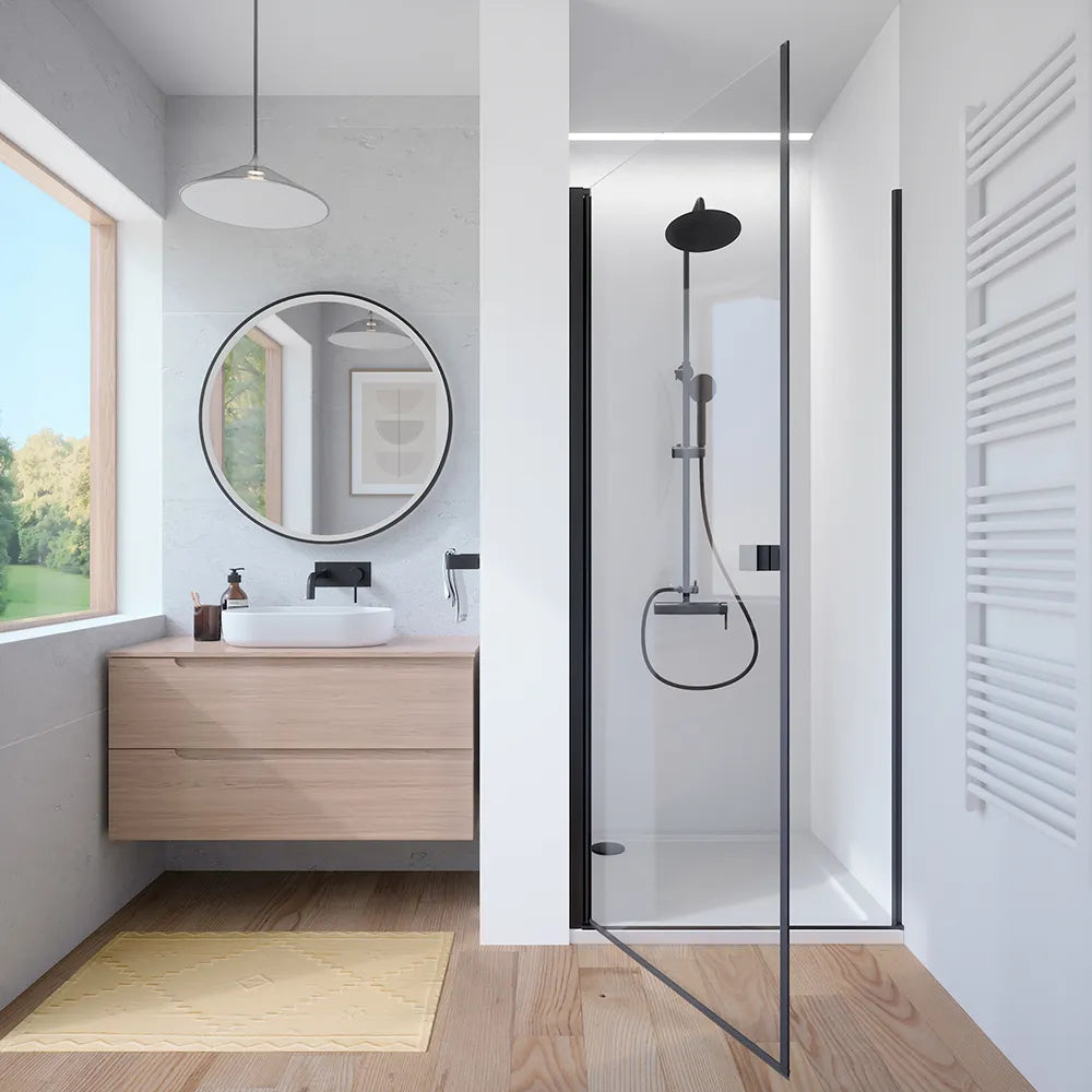 Porta doccia 90cm apertura a battente con profili nero opaco e vetro da 8mm trasparente h195 | Fiji