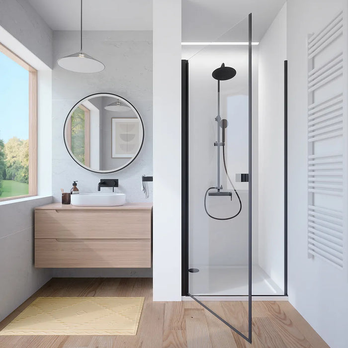 Porta doccia 70cm apertura a battente con profili nero opaco e vetro da 8mm trasparente h195 | Fiji