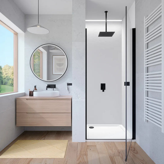 Porta doccia 90cm apertura a battente con profili nero opaco e vetro da 8mm trasparente h195 | Fiji