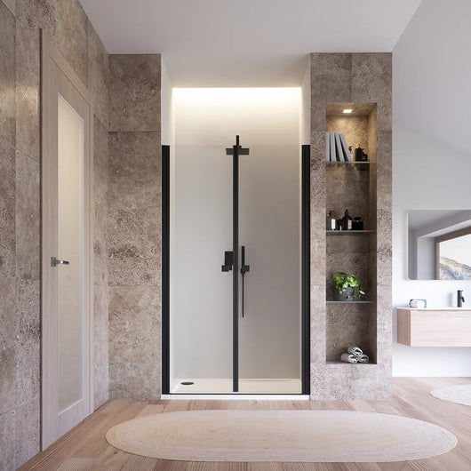 Porta doccia 110cm apertura saloon con profili nero opaco e vetro da 8mm trasparente h195 | Fiji