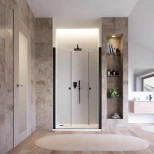 Porta doccia 110cm apertura saloon con profili nero opaco e vetro da 8mm trasparente h195 | Fiji