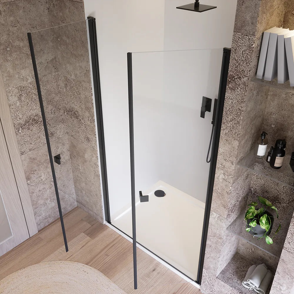 Porta doccia 110cm apertura saloon con profili nero opaco e vetro da 8mm trasparente h195 | Fiji
