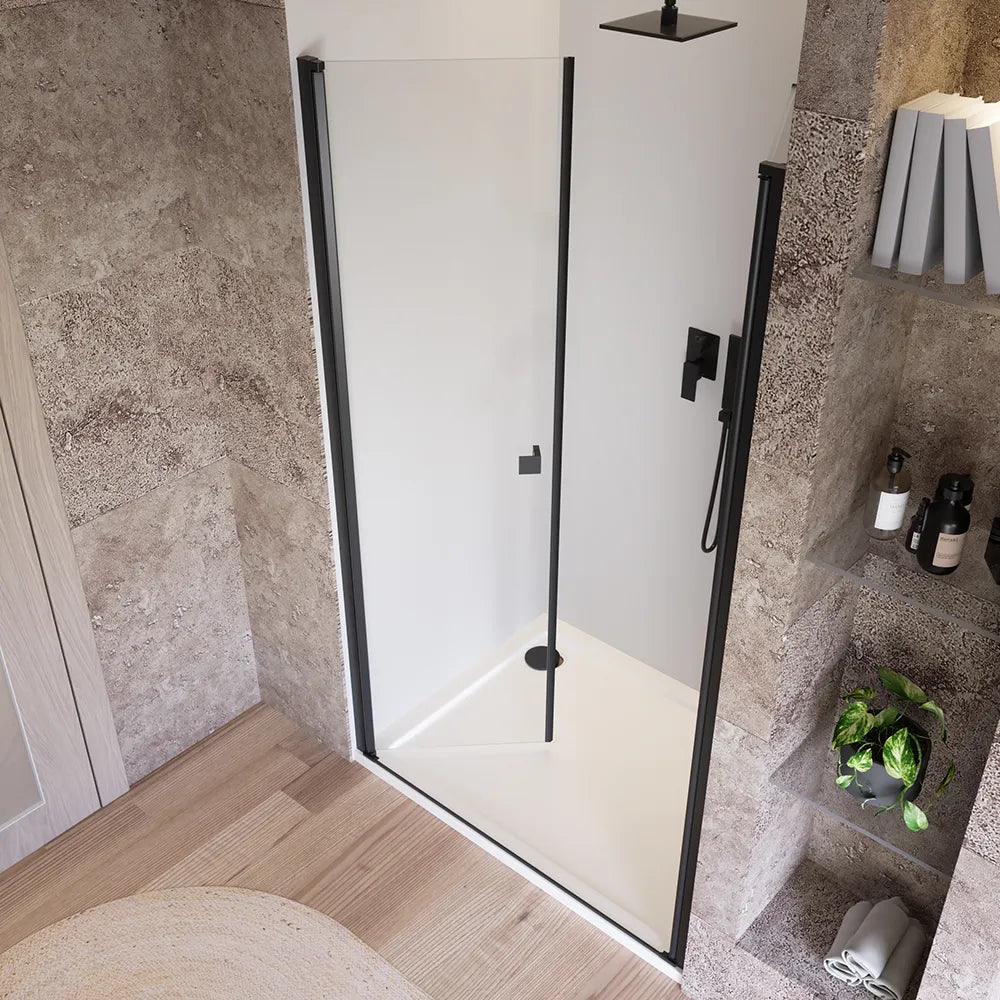 Porta doccia 90cm apertura saloon con profili nero opaco e vetro da 8mm trasparente h195 | Fiji
