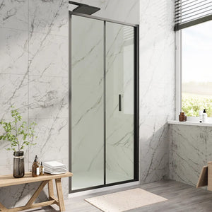 Porta doccia 90cm con apertura a libro profili slim nero opaco vetro 6mm trasparente h190 | Portofino