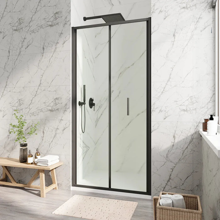 Porta doccia 70cm con apertura a libro profili slim nero opaco vetro 6mm trasparente h190 | Portofino