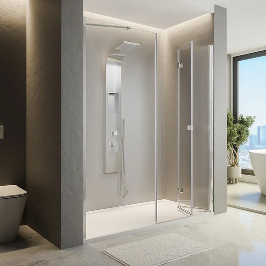 Porta doccia 160cm profili cromati apertura libro a destra 90cm con parete fissa da 70cm vetro 8mm trasparente h195 | Fiji