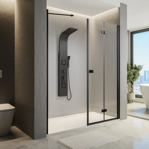 Porta doccia 170cm profili in alluminio nero opaco apertura libro a destra 80cm con parete fissa da 90cm vetro 8mm trasparente h195 | Fiji