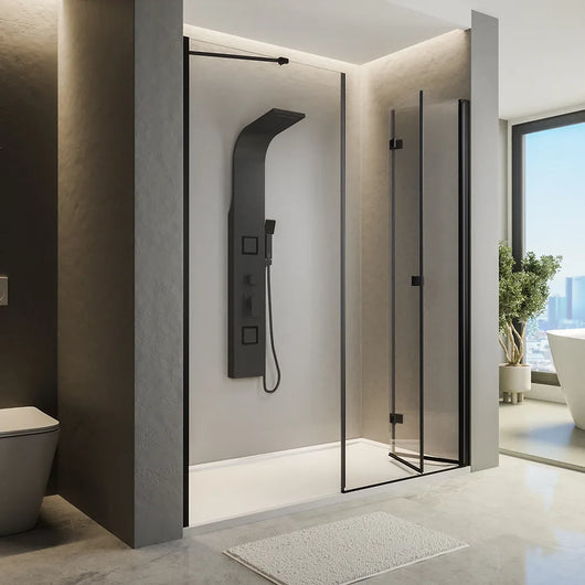 Porta doccia 160cm profili in alluminio nero opaco apertura libro a destra 80cm con parete fissa da 80cm vetro 8mm trasparente h195 | Fiji