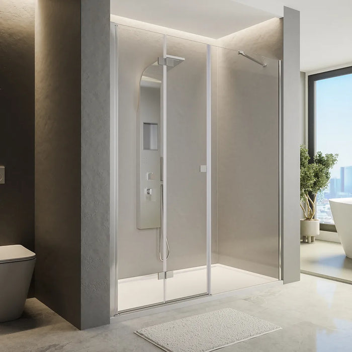 Porta doccia 170cm profili cromati apertura libro a sinistra 90cm con parete fissa da 80cm vetro 8mm trasparente h195 | Fiji