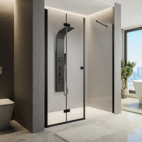 Porta doccia 170cm profili in alluminio nero opaco apertura libro a sinistra 90cm con parete fissa da 80cm vetro 8mm trasparente h195 | Fiji