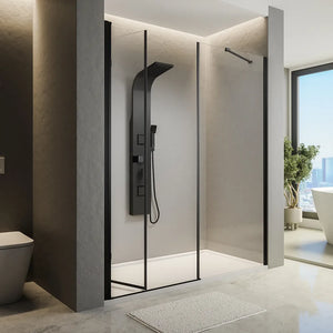 Porta doccia 160cm profili in alluminio nero opaco apertura libro a sinistra 90cm con parete fissa da 70cm vetro 8mm trasparente h195 | Fiji