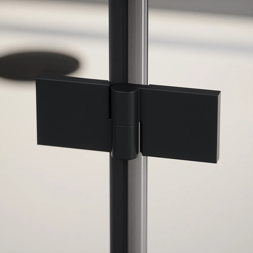 Porta doccia 150cm profili in alluminio nero opaco apertura libro a sinistra 80cm con parete fissa da 70cm vetro 8mm trasparente h195 | Fiji