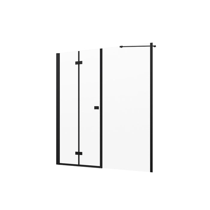 Porta doccia 150cm profili in alluminio nero opaco apertura libro a sinistra 80cm con parete fissa da 70cm vetro 8mm trasparente h195 | Fiji