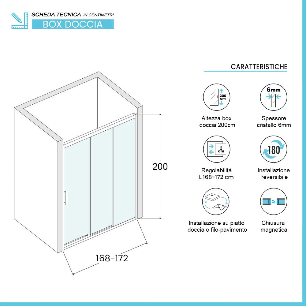 Porta doccia nicchia 170 cm scorrevole 3 ante serigrafate H 200 cm Ted