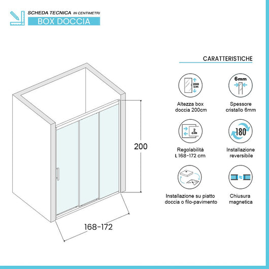 Porta doccia nicchia 170 cm scorrevole 3 ante serigrafate H 200 cm Ted