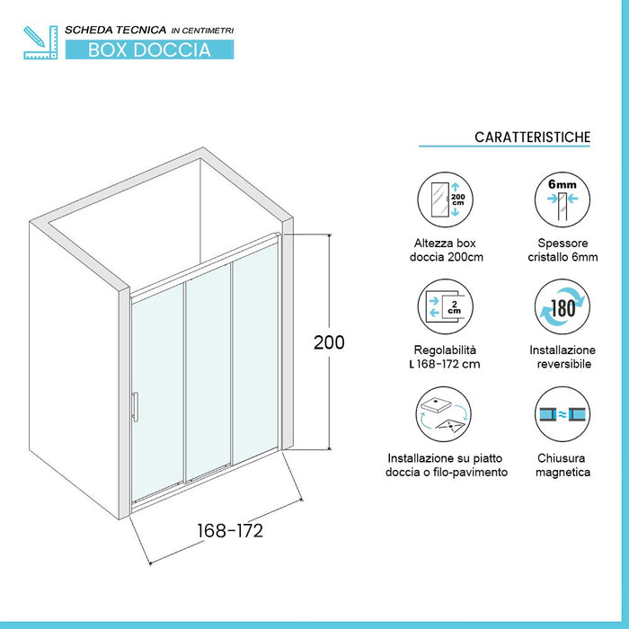 Porta doccia nicchia 170 cm scorrevole 3 ante trasparenti H 200 cm Ted