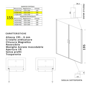 Porta doccia apertura saloon nicchia battente 6 mm h195 anticalcare salema, misura 155