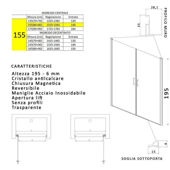 Porta doccia apertura saloon nicchia battente 6 mm h195 anticalcare salema, misura 155