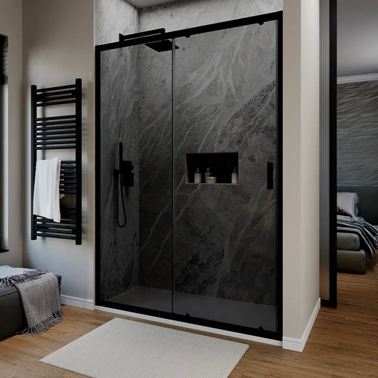 Porta doccia 150 cm scorrevole profili nero opaco vetro 6mm fumÃ© h190 | Sicily