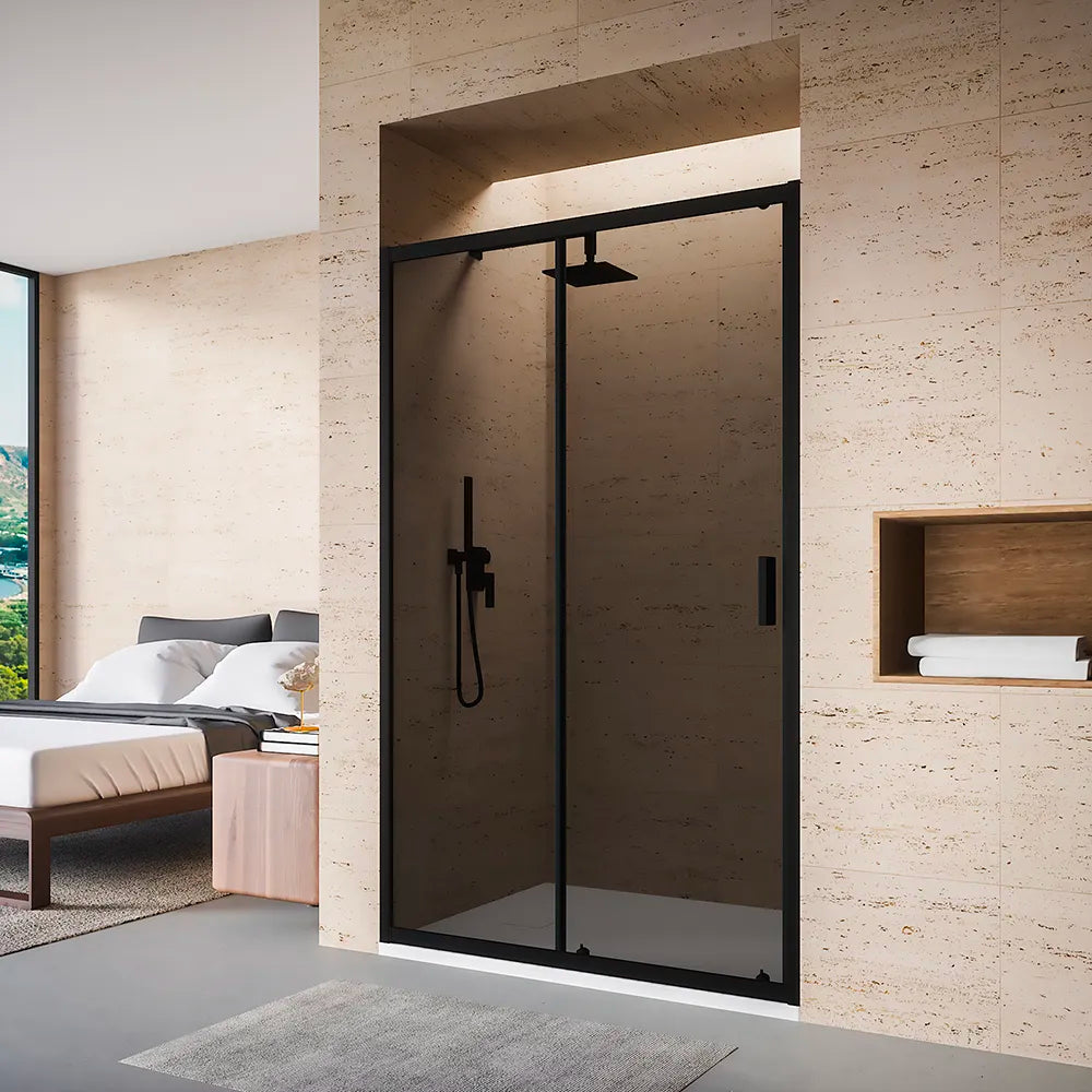 Nicchia doccia 130 cm scorrevole profili nero opaco vetro 6mm fumè h185 | Tonga