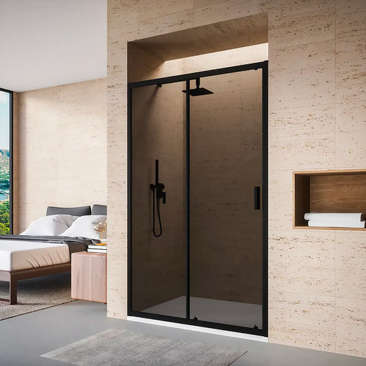 Nicchia doccia 140 cm scorrevole profili nero opaco vetro 6mm fumè h185 | Tonga