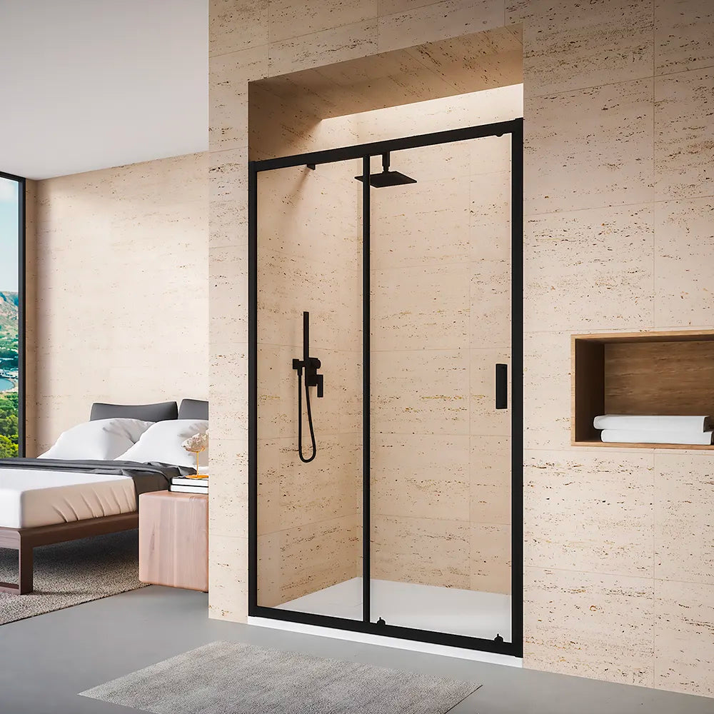 Nicchia doccia 115 cm scorrevole profili nero opaco vetro 6mm trasparente h185 | Tonga