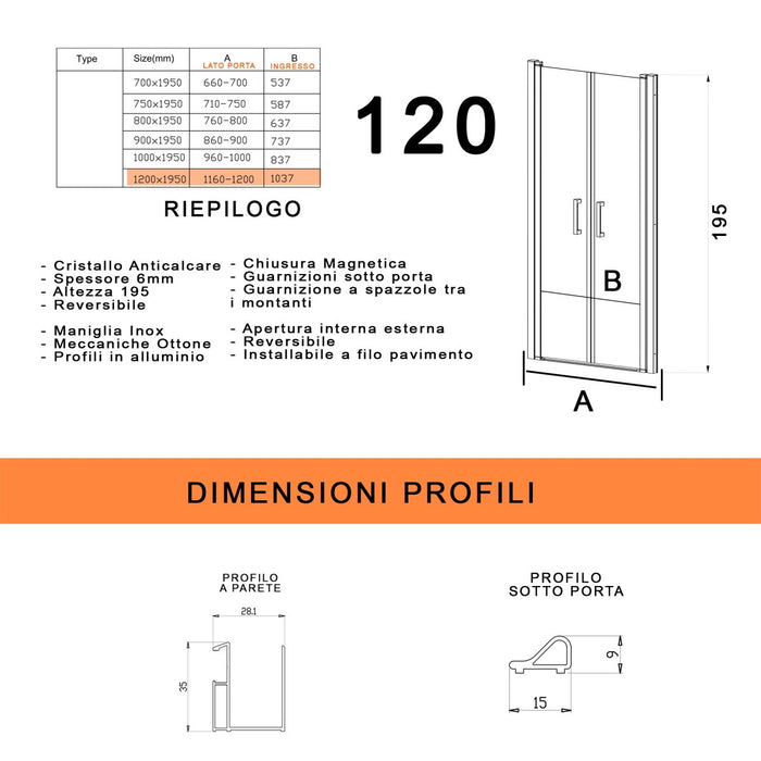 Porta doccia con due ante saloon in cristallo trasparente h195 6mm dobla, misura 120