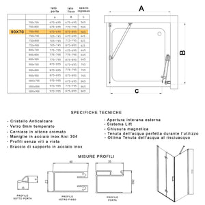 Porta doccia 2 lati porta pieghevole e lato fisso h195cm 6mm rea, misura 90x70