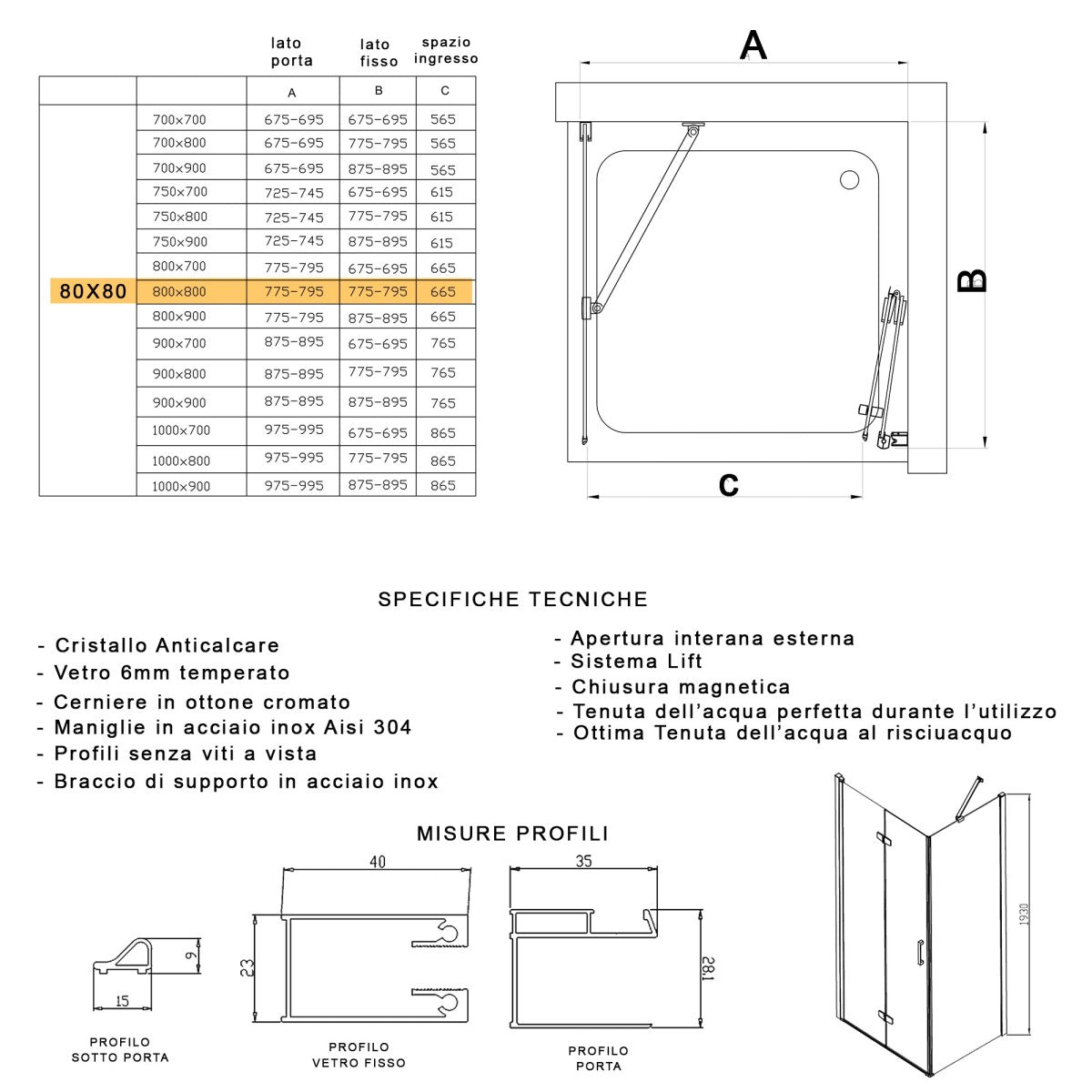 Porta doccia 2 lati porta pieghevole e lato fisso h195cm 6mm rea, misura 80x80
