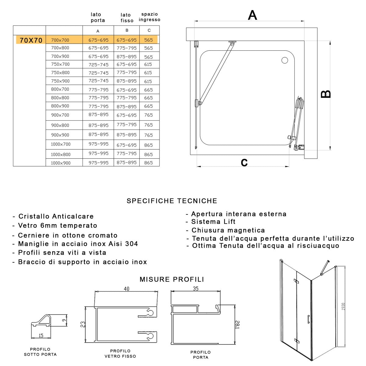 Porta doccia 2 lati porta pieghevole e lato fisso h195cm 6mm rea, misura 70x70