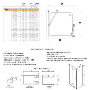 Porta doccia 2 lati porta pieghevole e lato fisso h195cm 6mm rea, misura 70x70