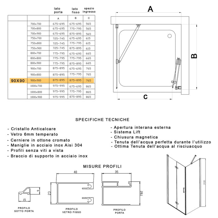 Porta doccia 2 lati porta pieghevole e lato fisso h195cm 6mm rea, misura 90x90