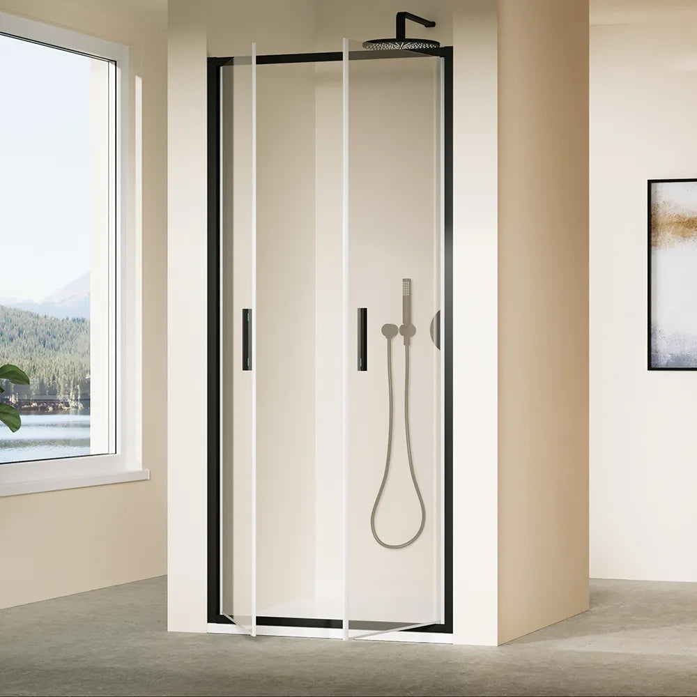 Porta doccia 75cm con apertura saloon profili slim nero opaco vetro 6mm trasparente h190 | Portofino
