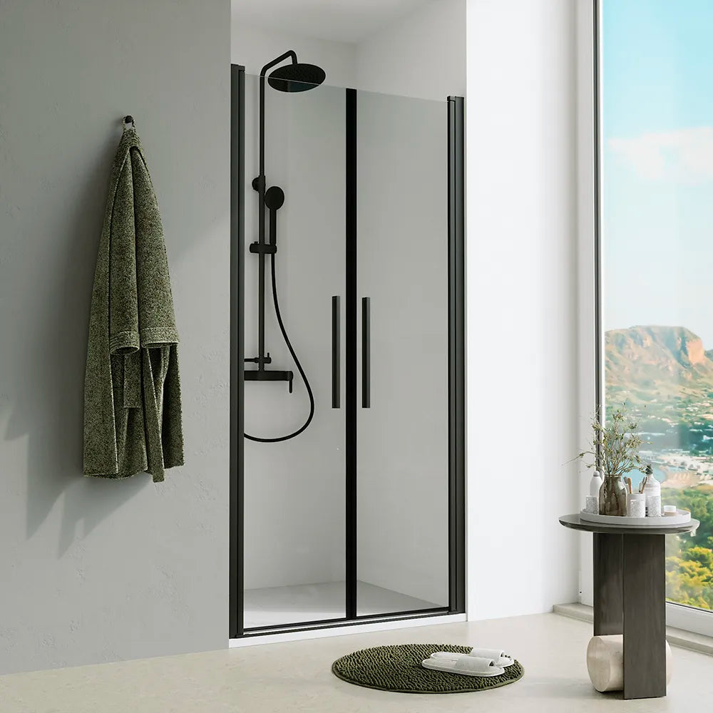 Porta doccia 80cm apertura saloon con profili nero opaco e vetro da 6mm trasparente h195 | Elba