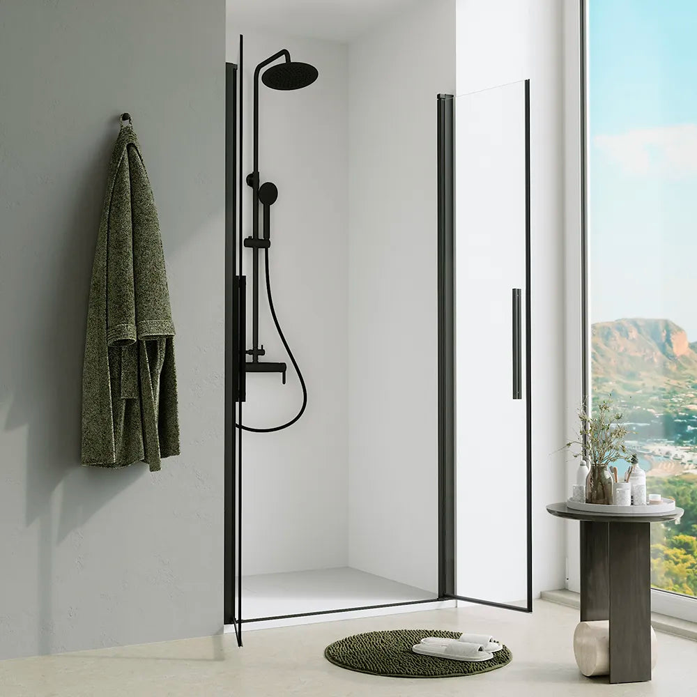 Porta doccia 70cm apertura saloon con profili nero opaco e vetro da 6mm trasparente h195 | Elba