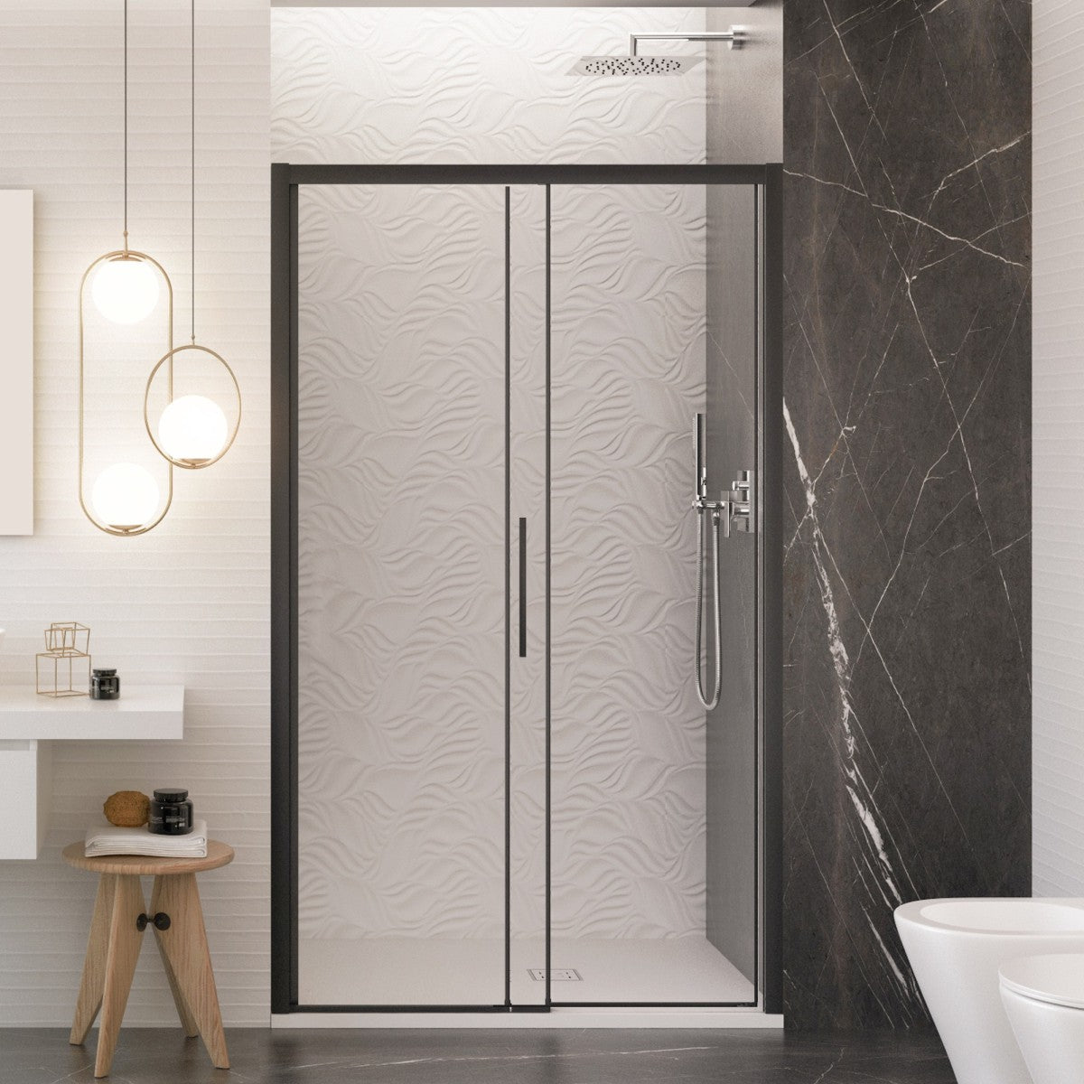 Porta doccia scorrevole con profili neri cristallo 6mm h195 anticalcare lagoa, misura 140