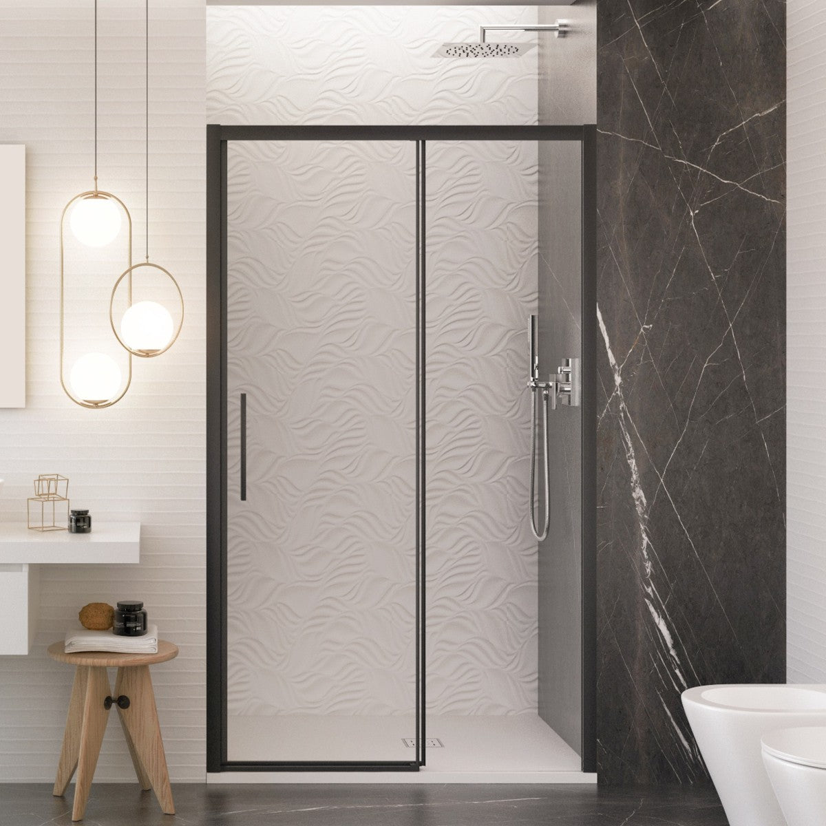 Porta doccia scorrevole con profili neri cristallo 6mm h195 anticalcare lagoa, misura 140