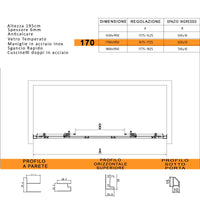 Porta doccia scorrevole ingresso centrale 6mm h195 anticalcare lagoa, misura 170