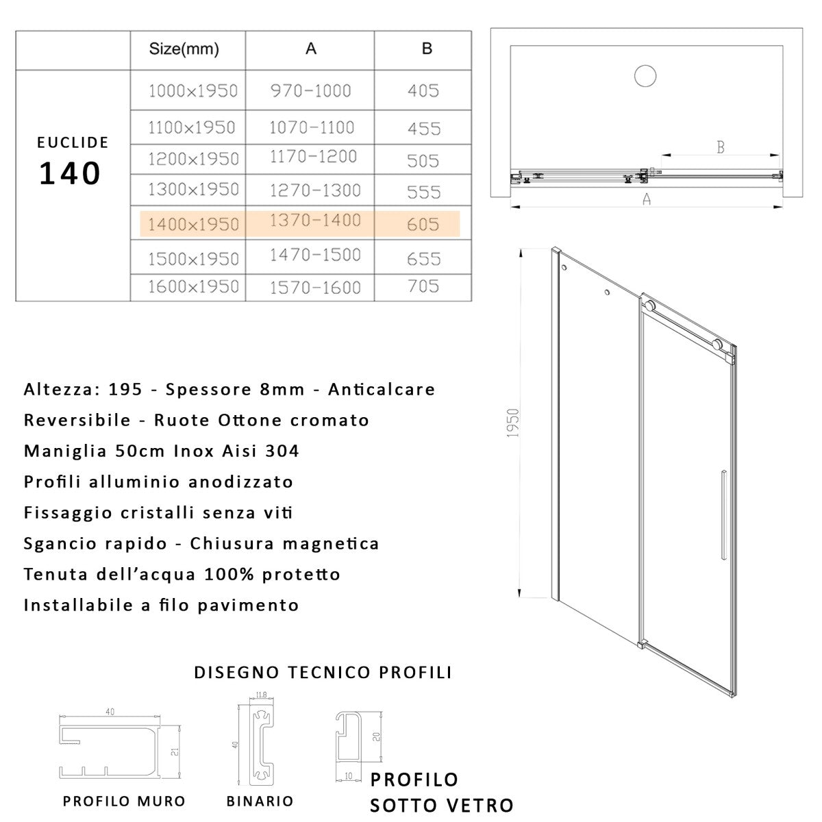 Porta doccia scorrevole trasparente h195 8mm anticalcare euclide, misura 140