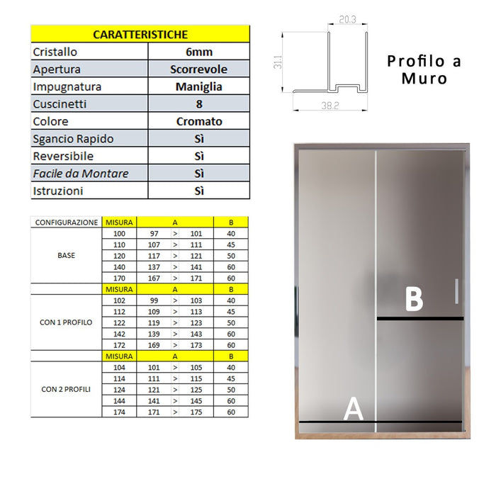 Porta doccia apertura scorrevole opaca 6mm h195 agata, misura 124