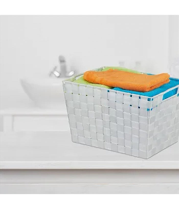 Porta Oggetti Cesto In Tessuto Intrecciato 38x26x25 Cm Con Maniglie Bianco 79037         