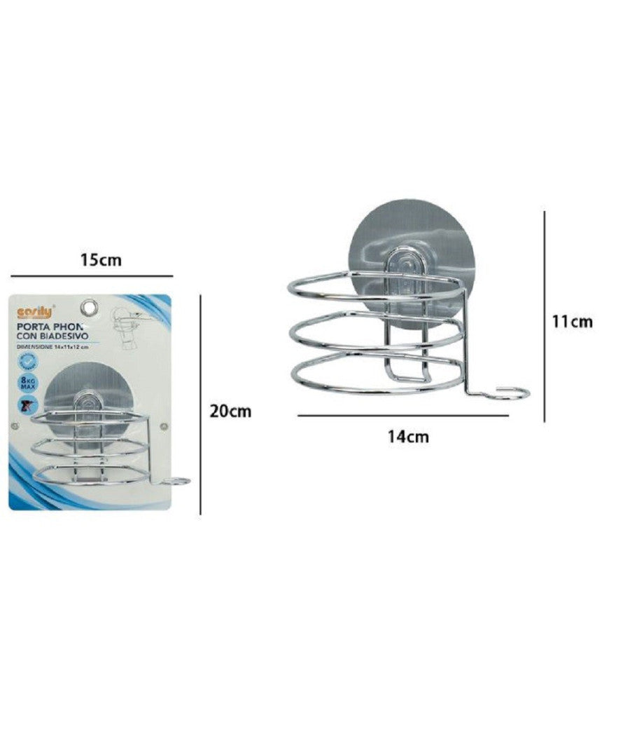 Porta Phon Asciugacapelli Supporto A Parete Bagno Con Biadesivo Gancio 79836         