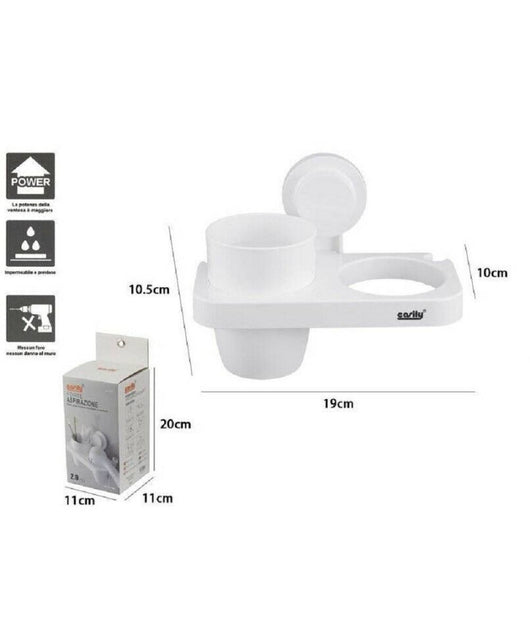 Porta Phon Con Bicchiere Porta Spazzolini A Ventosa Bianco Accessori Bagno 59547         