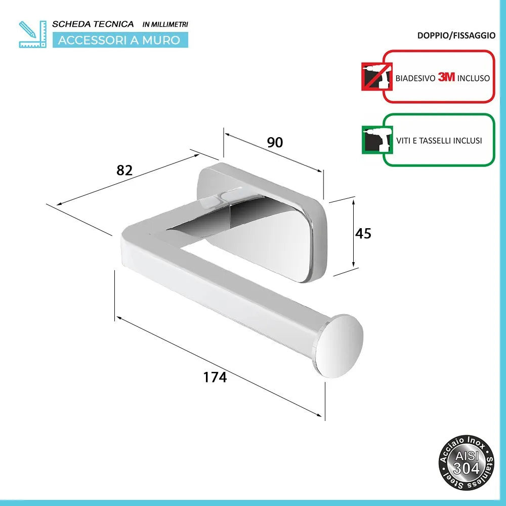 Porta rotolo wc a muro in acciaio inox con doppio fissaggio
