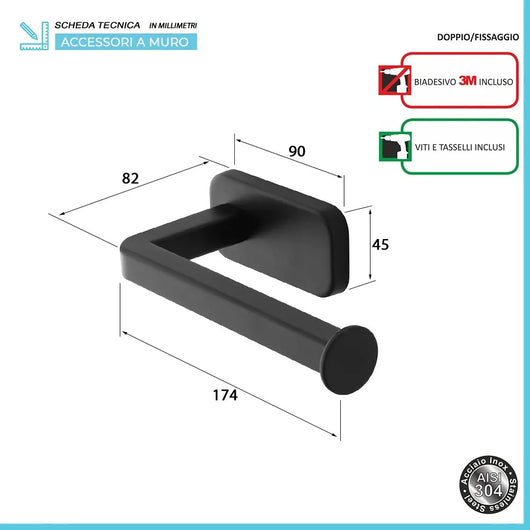 Porta rotolo wc a muro in acciaio inox nero con doppio fissaggio