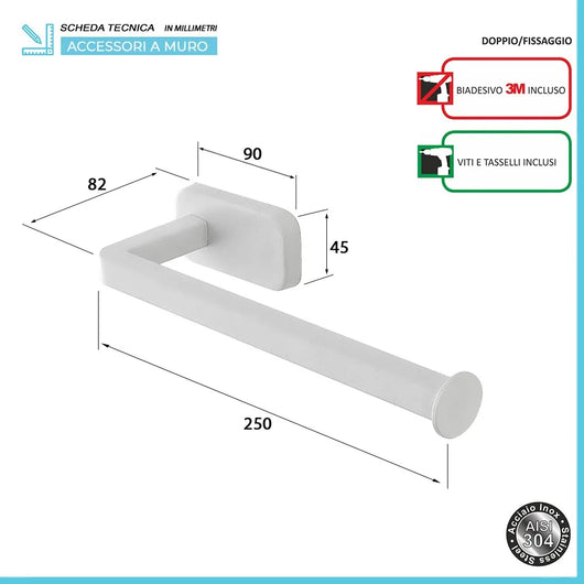 Porta salviette a muro 25 cm in acciaio inox bianco con doppio fissaggio