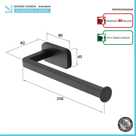 Porta salviette a muro 25 cm in acciaio inox nero con doppio fissaggio