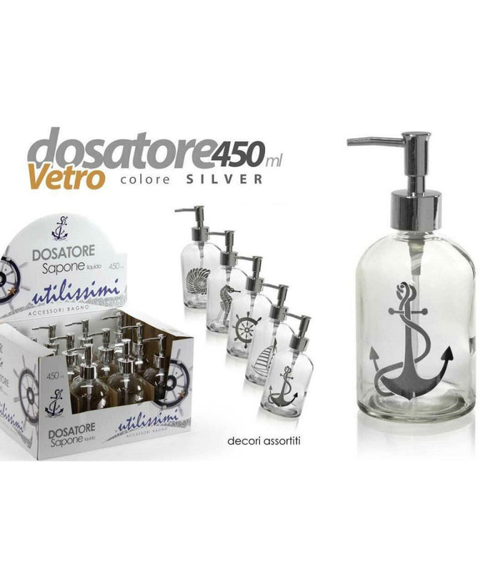 Porta Sapone Liquido Dosatore Silver 450ml 8x18 Cm Vetro Decori Assortiti 775680         