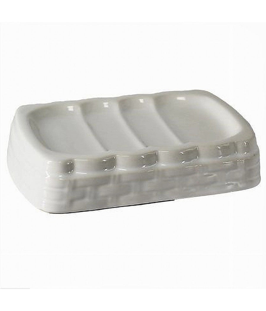 Porta Sapone Saponetta Stile Vimini Rattan Bianco In Ceramica Arredo Bagno 10349         